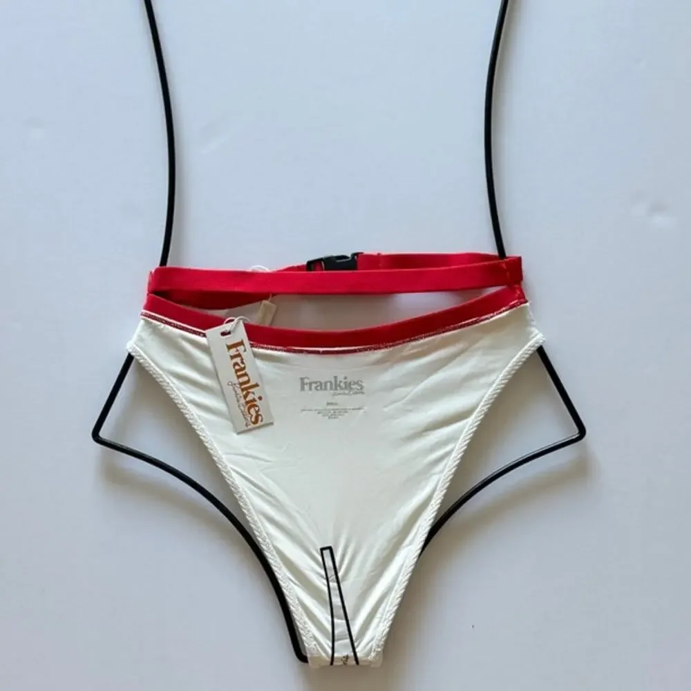 Frankies Bikinis Kiki High Waisted Buckle Bikini Bottom - White Red - S - NWT